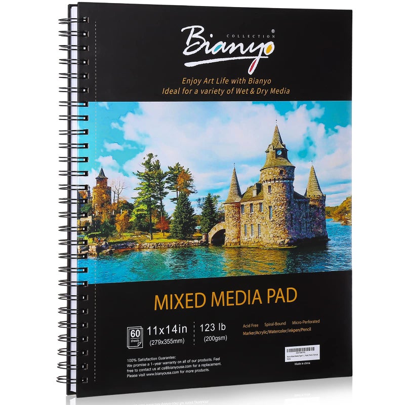 Bianyo Mixed Media Paper Sketchbook, 11" X 14", 60 Sheets/Each, 123 LBS/200 GSM, Spiral-Bound Pad, Perforated, Ideal for Wet & Dry Media Like Marker, Watercolor, Acrylic, Pastel, Pencil - Image 1